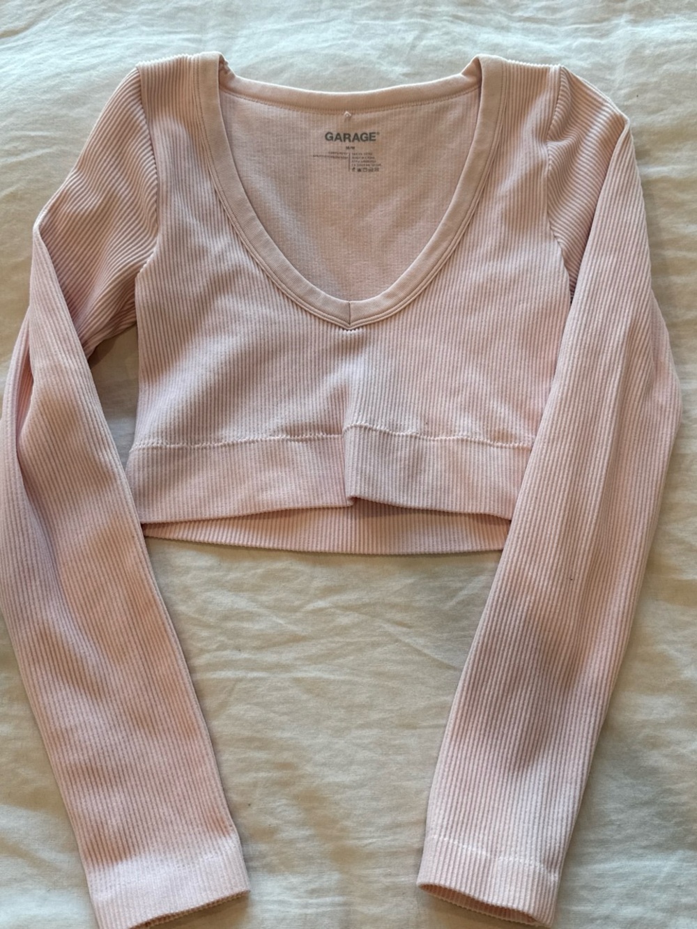 Garage Light Blush Ribbed V-Neck Long Sleeve Crop Top